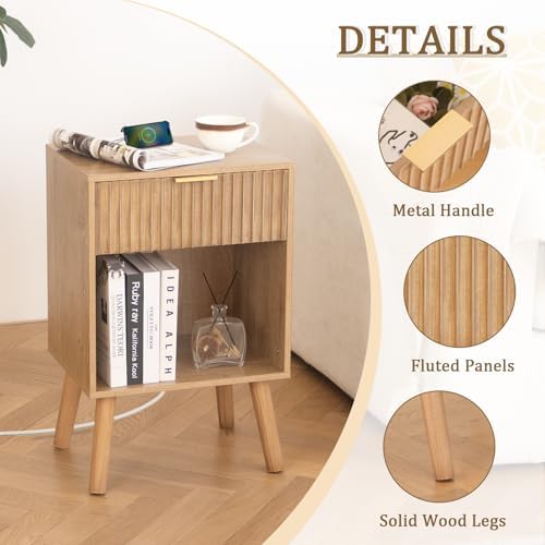 Fultyle Wood Nightstand with Charging Station, Fluted Bedside Table - Image 3