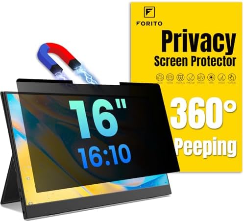 F FORITO Magnetic Laptop Privacy Screen 16 inch 16:10, 360° Anti Peeping Removable Anti Glare Blue Light Filter Compatible with All 16” 16:10 Laptops Portable Monitors by FFORITO