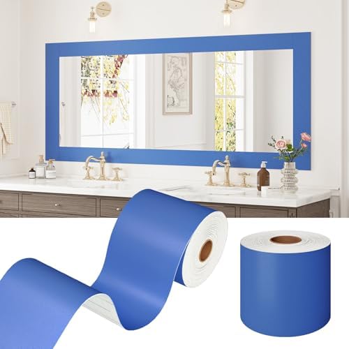 WESTICK Blue Peel and Stick Mirror Frame Border Waterproof Bathroom Blue Mirror Tape Wallpaper Border Peel and Stick Removable Bulletin Board Borders for Office Clasrrom Bedroom Wall Decor 3.9"x160" by WESTICK