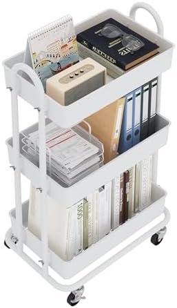 3-Tier Utility Cart with Wheels, Rolling Cart, Storage Shelves, Multi-Functional Organizer Cart for Bathroom, Office, Kitchen, White by Boeeoan