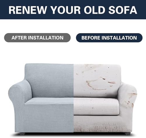 Cupuamon 2026 New Stretch Loveseat Sofa Slipcovers Couch Cover for 2 Cushion Furniture Protector Sofa Covers with Elastic Bottom Jacquard Fabric Small Checks for Pets, Kids - Silver - Image 5