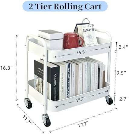 2 Tier Short Rolling Cart with Wheels for Under Desk Storage & Pantry Storage, Large Capacity Metal Kitchen Utility Cart for Small Space, Laundry Room Organizer Side Table with 4 Hooks, White - Image 6