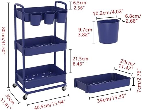 JIUYOTREE 3-Tier Plastic Rolling Storage Cart Utility Cart Blue - Image 2