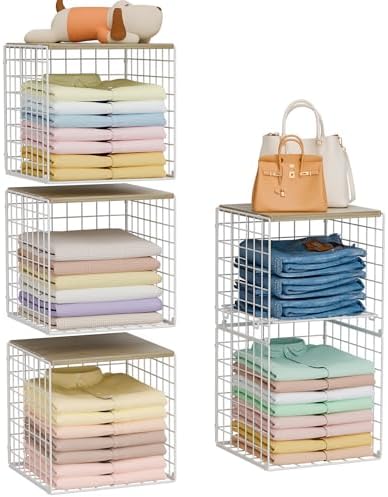Hencawima 5PCS Stackable Closet Organizers and Storage, Closet Shelves with Wood Top Extra Storage, Clothes Storage Organizer Basket Bin/Cube for Home Wardrobe Organization(White-Sturdy Metal) by Hencawima