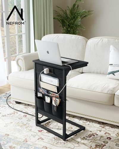 C-Shaped End Tables Set of 2, Small Couch Side Table with Fast-Charging Station, Sofa TV Tray Table with Storage Bag for Living Room, Bedroom, Bedside ET-BK-W2 - Image 2