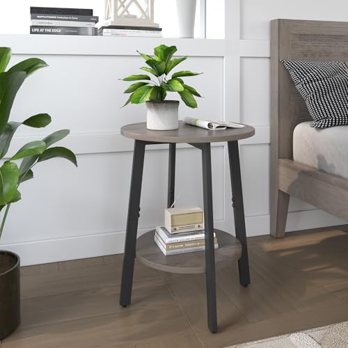 sthmec Side Table Set of 2, Small Round End Table with Storage Shelf for Small Space, 2-Tier Bedside Table Sofa Couch Table, Nighstands Set of 2 Accent Table for Living Room, Bedroom, Grey - Image 2