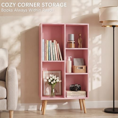 YAHARBO Small Light Pink Bookshelf,3 Tier Modern Kids Bookcase with Legs,5 Cube Wooden Bookshelves Storage Shelf,Book Shelves Organizer,Display Bookcases Cabinet for Room Nursery Study - Image 5