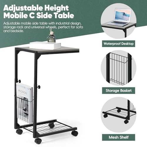 C Shaped End Table Small Couch Side Table with Metal Frame Slide Under Couch Table for Sofa Adjustable Height C Table for Living Room Bedroom Small Spaces, Grey - Image 4