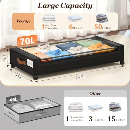 Yecaye Under Bed Storage with Wheels 2Pack, 70L Larger Capacity Under Bed Storage Containers, Underbed Shoe Storage Organizer, Rolling Under Bed Metal Drawers for Clothes, Blankets(35.5 x 17 x 6.7in) - Image 2