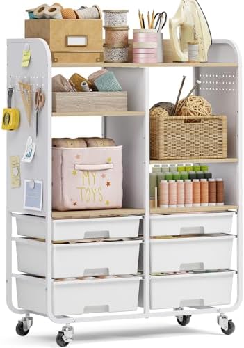 APEXCHASER 6 Drawers Rolling Storage Cabinet with Wood Top& Pegboards White by APEXCHASER