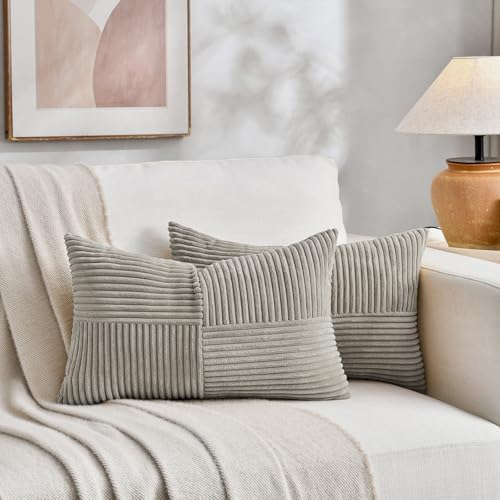 Fancy Homi 2 Packs Neutral Grey Lumbar Decorative Throw Pillow Covers 14x22 Inch for Living Room Couch Bed Sofa, Farmhouse Home Decor, Soft Striped Corduroy Rectangle Accent Cushion Case 35x55 cm - Image 5