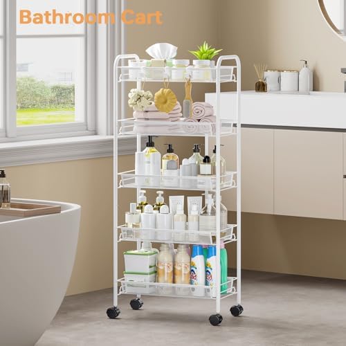 TOOLF 5 Tier Rolling Cart, Metal Utility Storage Cart with Wheels, White | 3 Hooks, Screwless Assembly, Trolley Organizer for Bathroom, Kitchen, Office, Nursery, Dorm, Laundry Room - Image 2