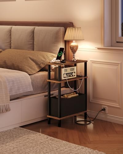 CHOEZON Narrow Side Table with Charging Station, Skinny End Table with Fabric Basket, Slim Nightstand for Small Spaces, Small Side Table, for Living Room, Bedroom, Rustic Brown and Black TBZ07UBF - Image 3