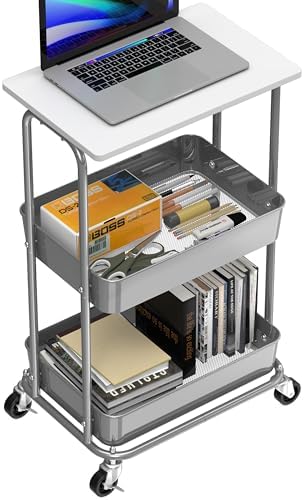 Simple Houseware 2-Tier Rolling Utility Cart Wood Top/Lockable Wheel, White - Image 4