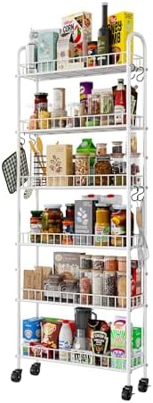 6 Tier Slim Rolling Storage Cart with Wheels, Metal Mobile Shelving Unit Organizer Utility Cart for Office Bathroom Kitchen Laundry Room Narrow Places (White 6 Inches) by Qiaoxuan