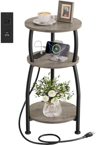 Round Side Table with Charging Station, Small Spaces Nightstand by designyourhome