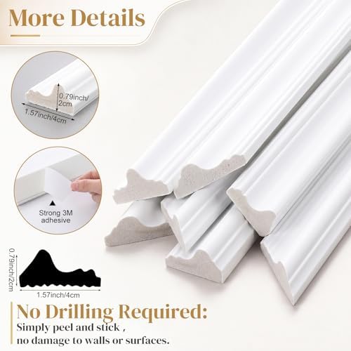 Colingmill 3 Sets Pre-Cut Wall Peel and Stick Trim Molding Wall Wainscoting Panels 3D Self Adhesive Baseboard Molding Trim for Interior Decoration Living Room Bedroom Accent (54 x 24 x 1.57 in,White) - Image 4