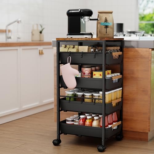 5-Tier Kitchen Storage Cart, Wood Top Rolling Cart Organizer with Pull-Out Baskets & Wheels, Metal Snack Cart with Holder for Fruit, Vegetable, Microwave, Kitchen, Pantry, Black - Image 2