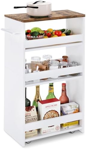 TEAMIX Slim Rolling Storage Cart, Wood 4-Tier Narrow Kitchen/Laundry Cart by TEAMIX