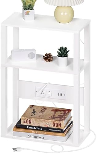 YUFAM 3-Tier Narrow Bedside Table with Charging Station, Skinny Nightstand by YUFAM