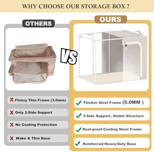 combocube 3-Side Zippered Openings Clothes Storage Bins with Thick Metal Frame, Stackable & Foldable Clothing Storage Bins with Lid, Linen Fabric Closet Storage Box with Large Clear Window, 3 Pack - Image 5