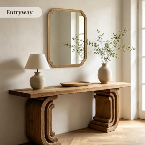 WallBeyond 30" x 36" Wood Bathroom Mirror for Wall Mounted, Rustic Rounded Corner Wood Frame Wall Mirror for Entryway, Living Room or Bedroom Home Decorative, Natural - Image 3