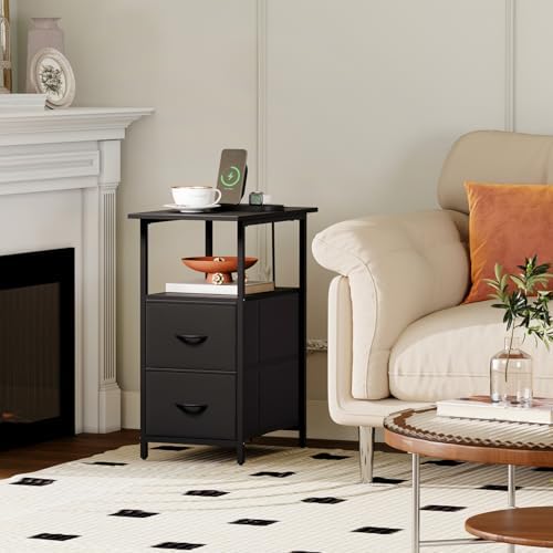 Somdot End Table Set of 2 with Charging Station, 2 Drawers, Slim Side Table - Image 2