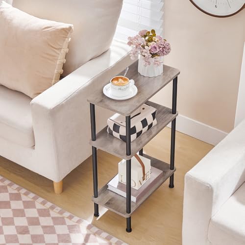 HOOBRO Narrow Side Table, 3-Tier Slim End Table No Tools Needed, Twist-On Assembly, Skinny Nightstand Sofa Storage Shelf for Living Room, Bedroom, Study, Greige and Black BG246BZ01 - Image 2