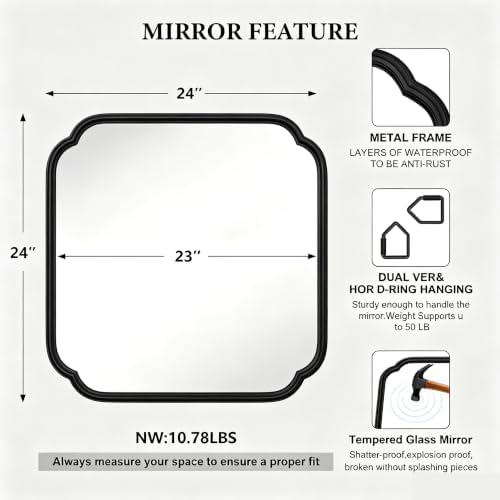 Ferytange 24 x 24 Inch Matte Black Metal Framed Bathroom Vanity Mirror, Rounded Rectangle Wall Mirror, Shatterproof HD Float Glass for Bedroom Living Room Horizontal/Vertical - Image 4