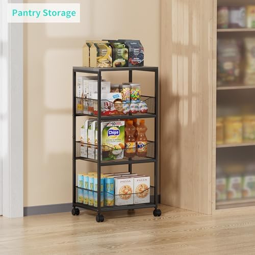 HapiRm Fruit Basket Kitchen Cart - 4-Tier Rolling Storage Cart with Wheels, Fruit Vegetable Basket with Wood Top, Pantry Utility Kitchen Organizer for Fruit Potato Onion Vegetable Bread Snack - Image 3
