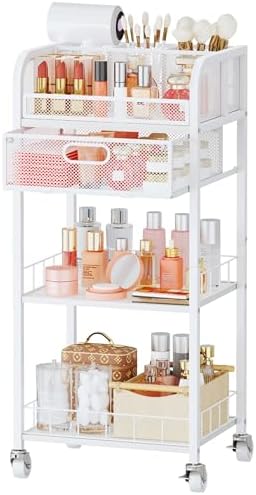 HapiRm Makeup Organizer Storage Cart - 4 Tier Skincare Make Up Storage with Drawer, Rolling Makeup Cart Vanity Organizer Cosmetics Display Cases Holder for Skin Care Perfume Nail Polish Brush by HapiRm