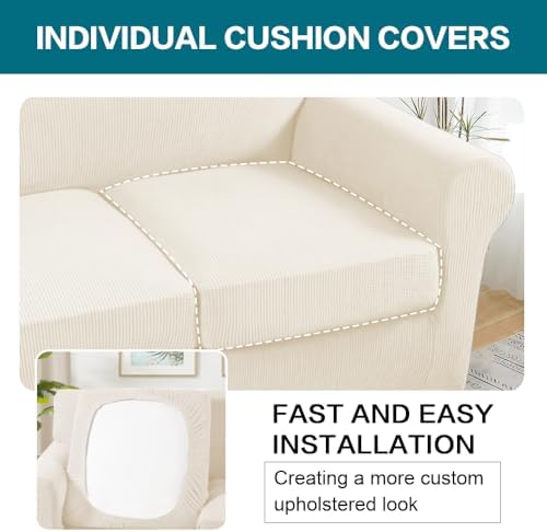 Turquoize 4 Piece Sofa Covers for 3 Cushion Couch Sofa Slipcover Soft Couch Cover for Dogs Washable Furniture Cover with 3 Individual Large Cushion Covers Feature Fabric (Large Sofa, Cream) - Image 5