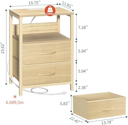 Yoobure Nightstand with Charging Station, Small Night Stand with Fabric Drawers and Storage Shelf for Bedrooms, Nightstands for Small Spaces, Bedside Table with USB Ports & Outlets, Bed Side Table - Image 3