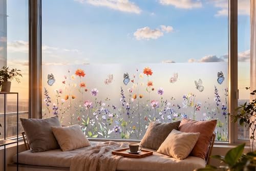 Static Cling Window Privacy Film, 78" x 17" Frosted Glass Covering with Wildflower & Botanical Patterns, Removable No Glue Window Film for Home Bathroom Bedroom Office (Butterfly Floral) - Image 3
