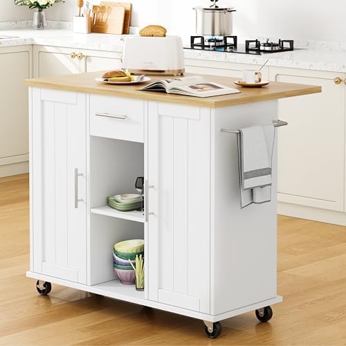 Shintenchi Kitchen Island with Storage, Bar Cart Cabinet Island Table on Wheels, Rolling Microwave Cart for Kitchen with Drop Leaf, Drawers, Towel Rack, Seating Area for Dining Room, White by Shintenchi%7CFurnitureMadeforRealLife