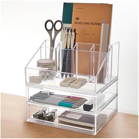 STORi Stackable Desk and Drawer Organizer, Clear Pen Pencil Makeup Brush Holder for Desktops and Vanities, 6 Compartment Caddy with 2 Wide Drawers (Made in USA) by STORi