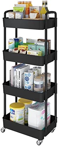Laiensia 4-Tier Rolling Cart with Wheels,Multifunction Utility Storage Carts, Kitchen Storage Organizer,Mobile Shelving Unit for Bathroom,Laundry,with Classified Stickers,Black by Laiensia