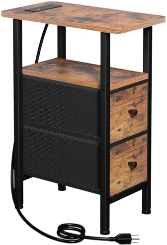 LOAKEKEL Narrow End Table with Charging Station, Small Nightstand by LOAKEKEL