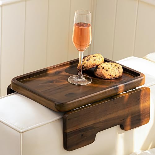 HOLANA 13.75" Acacia Couch Arm Tray with 360° Phone Holder, Walnut Color by HOLANA