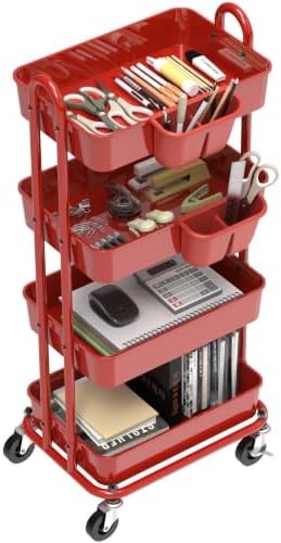 Simple Houseware 4-Tier Rolling Utility Cart with Hanging Bucket, Red - Image 2
