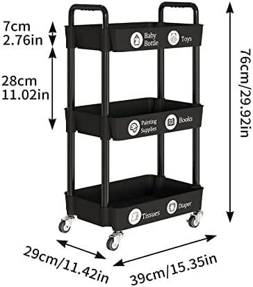 Laiensia 3-Tier Storage Carts,Multifunction Utility Rolling Cart Kitchen Storage Organizer,Mobile Shelving Unit Cart with Lockable Wheels for Bathroom,Laundry,Living Room,With Classified Sticker,Black - Image 6