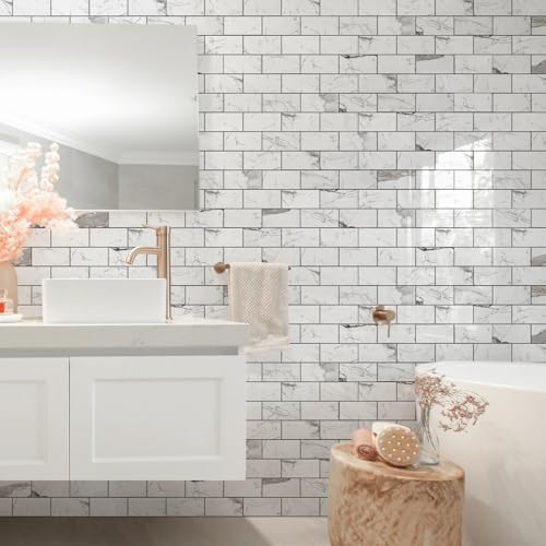 STICKGOO Subway Tile Peel and Stick Backsplash, Glossy White Marble PVC Self Adhesive Tile Backsplash, Stick on Tile for Kitchen and Bathroom(10 Sheets) - Image 7