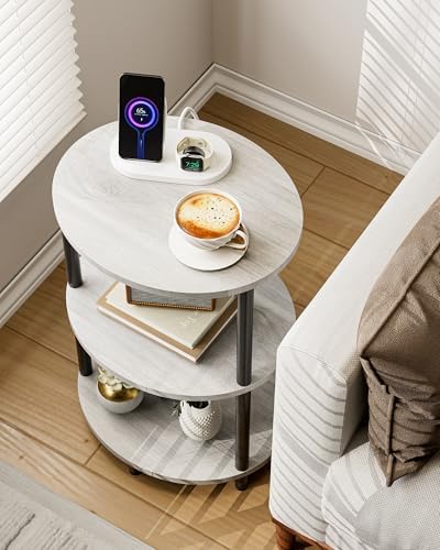 Small Round Side Table - 3-Tier Oval Accent Table for Small Spaces, Rustic Wood and Metal Nightstand for Living Room or Bedroom, Built-in USB Ports and Power Outlet, Greige - Image 4