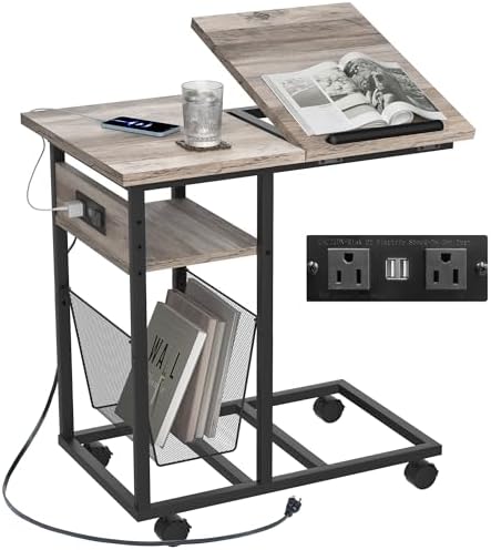 FLYJOE End Table C Shape with Charge Station, Tilting Top Side Table with Magazine Holder and Lockable Wheels, Easy Assembly for Living Room, Bedroom, Industrial Style, Grey by FLYJOE