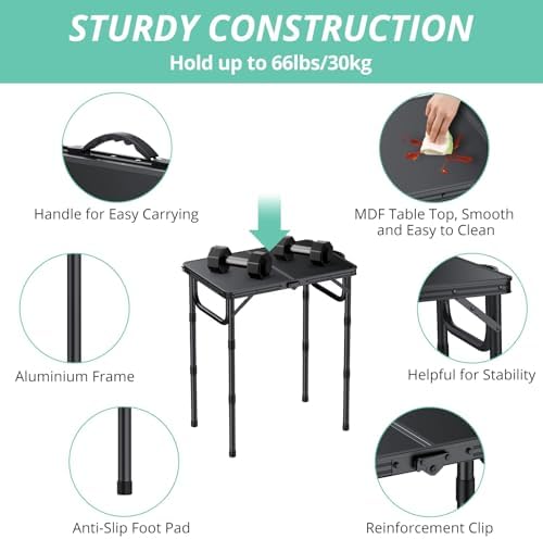 VINTEAM Camping Folding Table with Adjustable Height, Lightweight Portable Outdoor Picnic Table, BBQ Grill Side Table, Durable Aluminum Frame, MDF Desktop for Camping, Fishing, RV, Beach (Black) - Image 6