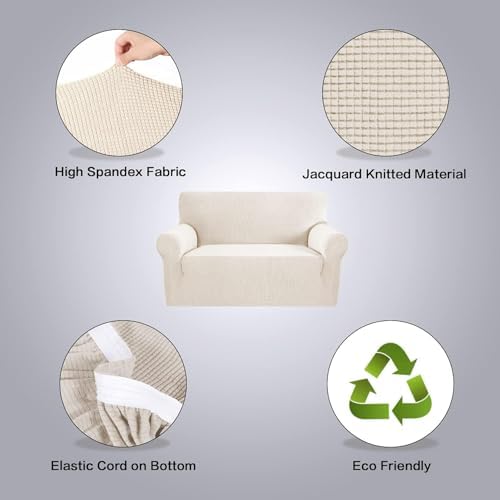 H.VERSAILTEX Stretch Couch Cover Loveseat Covers for 2 Cushion Couch Sofa Cover for Love seat 1 Piece with Elastic Bottom, Textured Checked Jacquard Fabric(Loveseat 58"-70" Wide, Natural) - Image 4