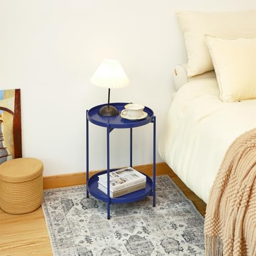 2-Tier Round End Side Table, Small Metal Side Table with Removable Tray, Folding Accent Tables for Living Room, Balcony, Nightstand for Bedroom, Outdoor Tables for Patio, Navy Blue - Image 6