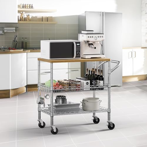 3 Tier Rolling Kitchen Carts on Wheels with Storage,650Lbs Heavy Duty Utility Carts with Wheels,Kitchen Island with Wood Tabletop,Metal Serving Rolling Cart for Small Appliance Food Cart,Wood+Metal - Image 2