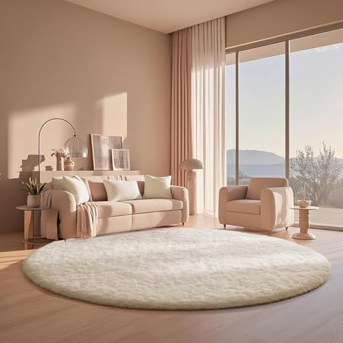 Ophanie Round Rugs 6Ft Ivory Circle Area Rug, Aesthetic Room Decor, Fluffy Fuzzy Bedroom Carpet, Plush Soft Shaggy Cream Living Room Rugs for Kids Home Decor, Nursery with Over 99 pcs Pile fibers - Image 5