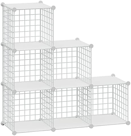 HUBSON Wire Cube Storage Organizer, Book/Toy/Craft/Potted Plants and petCloset Organizers and Storage Shelves, 6-Cube Freely Combinable Metal Grids Storage Shelf,White Plus Iron by HUBSON